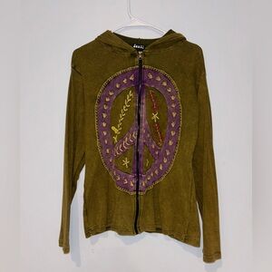 Jayli Olive Green Hoodie with Purple Peace Sign